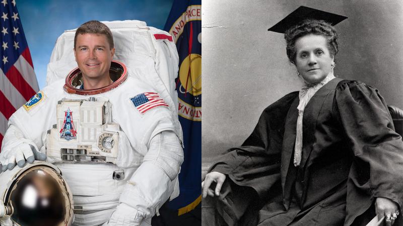 Reid Wiseman in space suit, left, with Emily Warren Roebling in graduation cap and gown, right