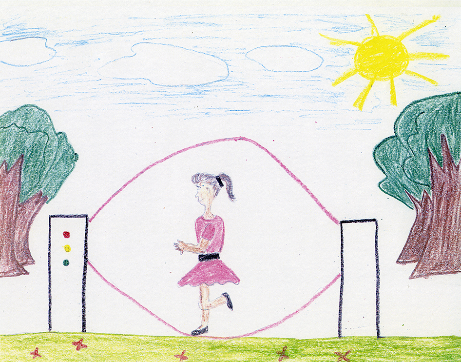 Crayon drawing of a girl playing double Dutch using a machine