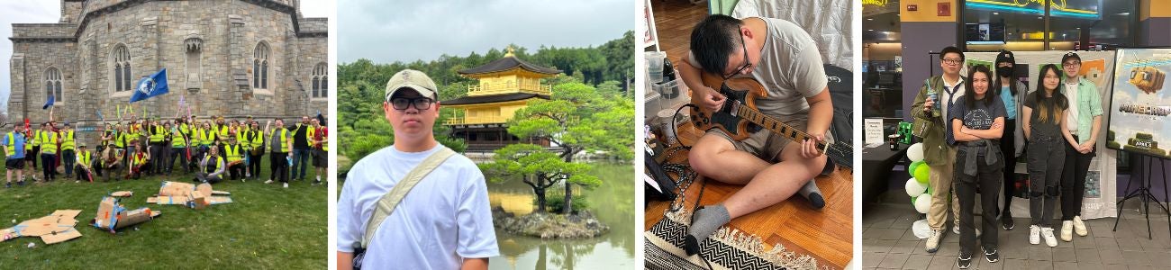 A collage of four images: A group of people in safety vests holding flags near a stone building; a person standing in front of Kinkaku-ji, the Golden Pavilion in Kyoto, Japan; an individual sitting while playing an electric guitar; and a group of four people standing indoors, with balloons and a large image display in the background.