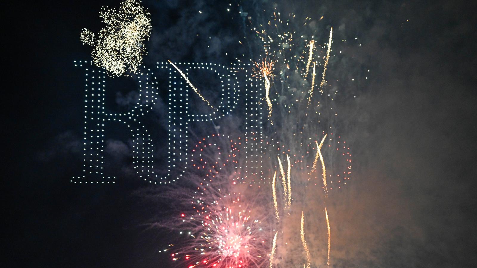 Drones create the RPI Bicentennial logo in the night sky and are complemented with fireworks