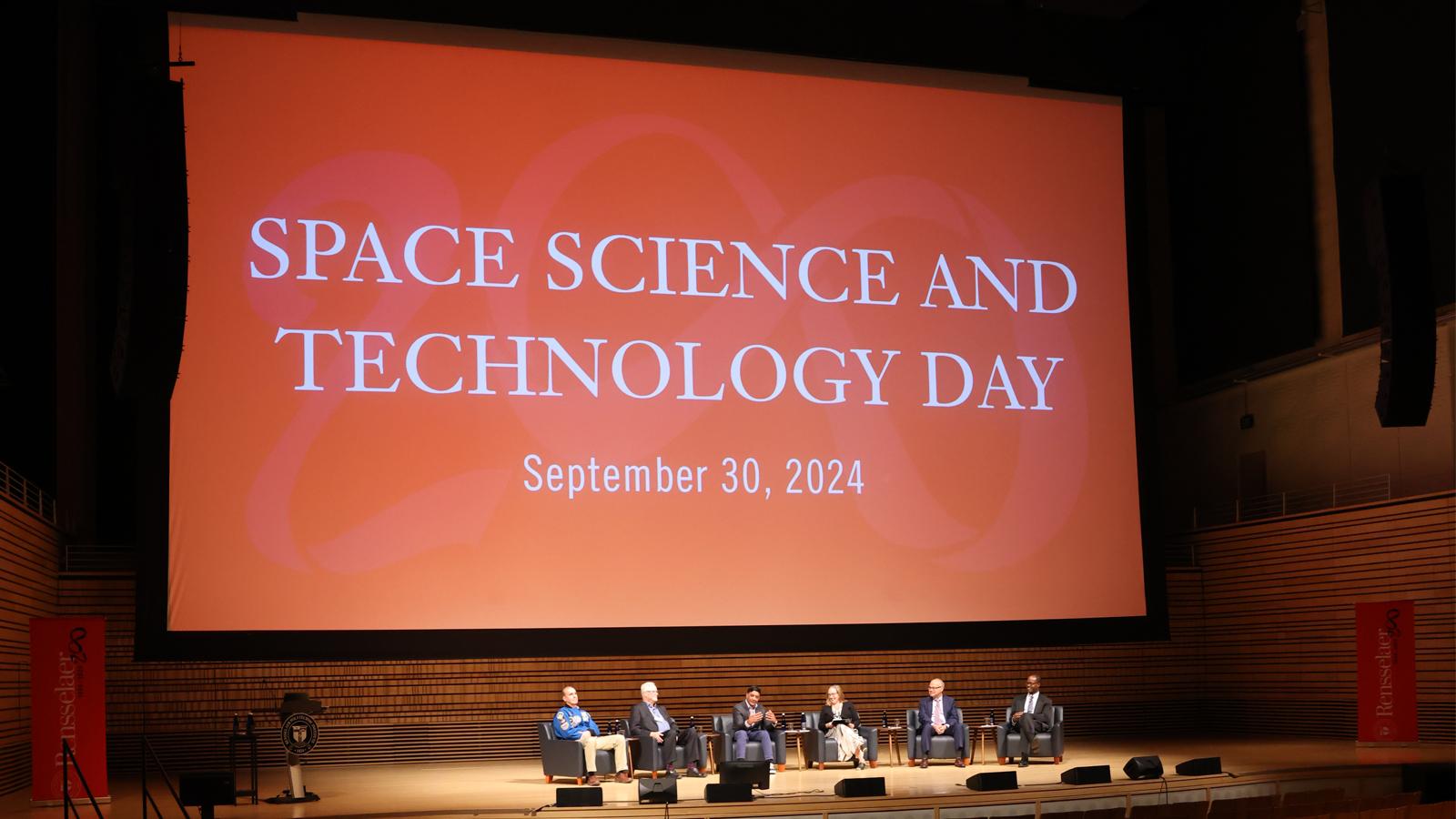 Left to right, NASA Astronaut Rick Mastracchio, Michael Meyer, Naveed Hussain, Karyn Rogers, Norm Eng, and Charles Norton, speak at the RPI Space Science and Technology Day