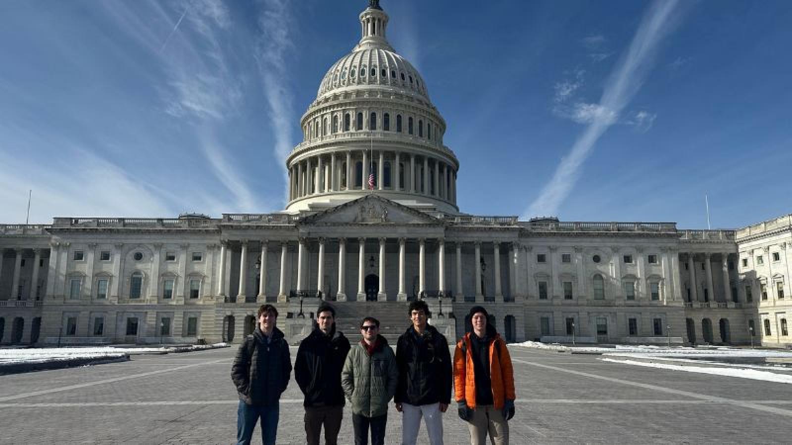 (L-R) RPISEC students Connor Czincila '28, Paul Biernat '27, Devin Ross '26, Joel McCandless '27, and Erik Umble '27 in Washington D.C. for ShmooCon, an annual hacker convention.