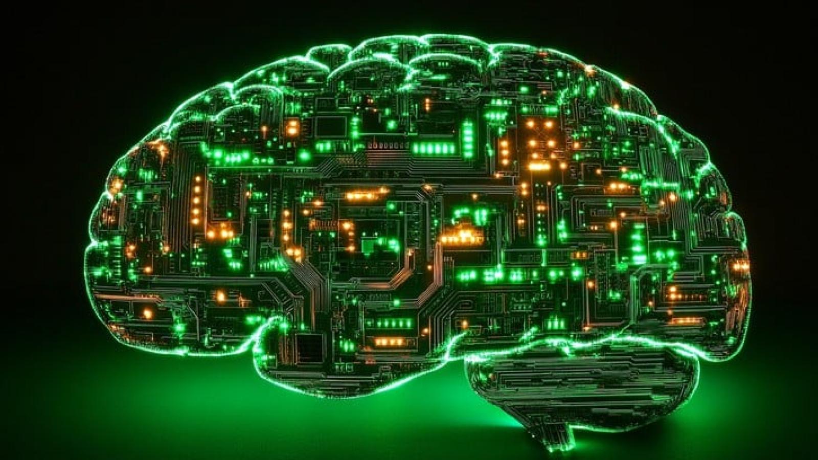 Image of a brain shape filled with neon-green circuit board patterns.