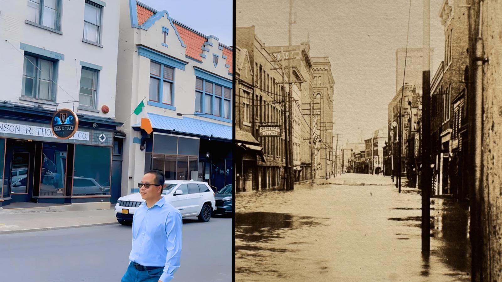 Left: Jianxi Gao stands on River Street downtown Troy on a bright day. Right: A sepia-toned historical photo of the same street, severely flooded
