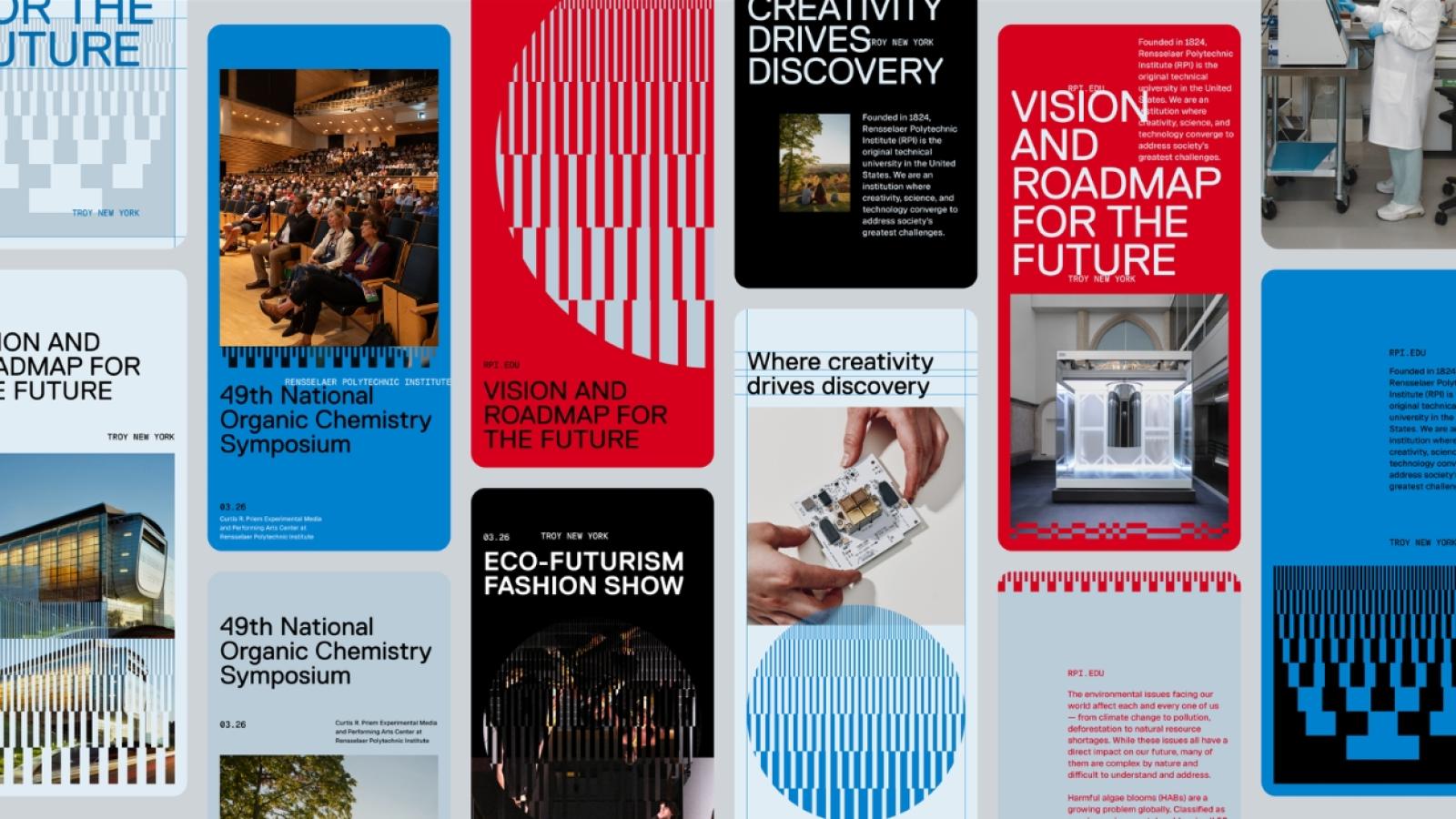 A collage of various promotional posters including events such as the 49th National Organic Chemistry Symposium, a vision and roadmap for the future presentation, and an Eco-Futurism fashion show. The design themes include bold text, vibrant colors, and both abstract and architectural imagery.