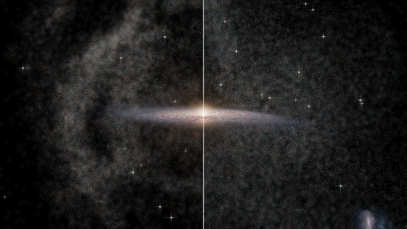 On the left the halo appears messy and ‘wrinkly’, a sign that a merger has occurred relatively recently. On the right it appears smooth and uniform, a sign that a merger has instead occurred in the ancient past.
