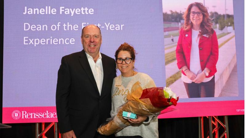 RPI President Martin A. Schmidt presents the Pillar of Rensselaer Award to Janelle Fayette, M.S.