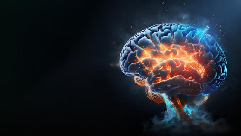 A glowing, abstract depiction of a human brain resembling an explosion, with vibrant blue and orange colors radiating against a dark background