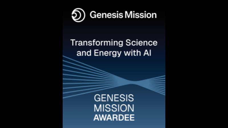 Poster for Genesis Mission. The top shows the Genesis Mission logo. Below, text reads, "Transforming Science and Energy with AI." Further down, it says, "Genesis Mission Awardee." The background has abstract wave designs.