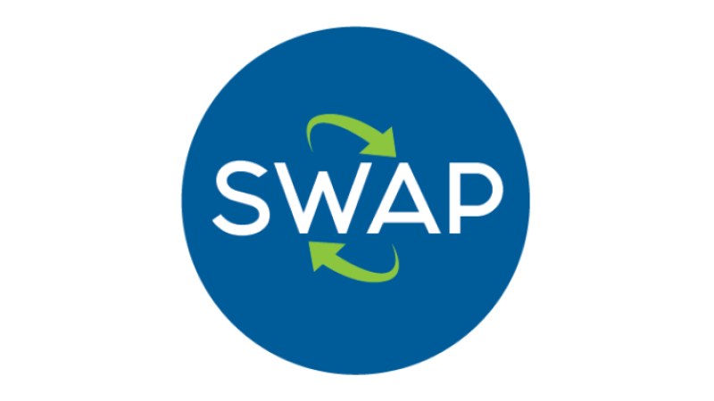 Blue circular logo with the word "SWAP" in white, featuring two green arrows forming a circular motion around the letters.