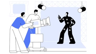 Drawing of three individuals on a film set, two operating a camera capturing a third person in a vector suit