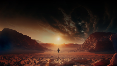 A person stands alone on a vast, rocky landscape resembling Mars, under a dramatic sky with a glowing sun in the distance. Two large rock formations frame the scene.