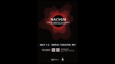 The image is a poster for the North American Conference on Video Game Music (NACVGM). It features a stylized red and black abstract design. Text includes event details: "May 1-2, EMPAC Theater: RPI." QR codes for the event program and registration are displayed at the bottom.