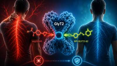 The image depicts two figures with highlighted neural pathways: one with red pathways indicating neuropathic pain and another with blue pathways signaling pain relief. A molecular structure labeled "GlyT2" is central, with chemical structures labeled "org25543" and "RPI-GLYT2-82" connecting to it.