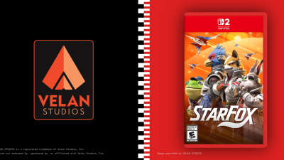 The image features a split design. On the left is the Velan Studios logo—an orange triangle within a black square with the words "Velan Studios" below. On the right is the cover art for a Nintendo Switch game case featuring "Star Fox." The artwork shows several anthropomorphic characters in space-themed attire with spaceships flying in a vibrant sky.