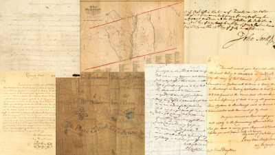 A collage of historical documents and a map. The central map is detailed, with red lines crossing through it. Surrounding the map are various handwritten texts on aged paper, showcasing elegant and formal script.
